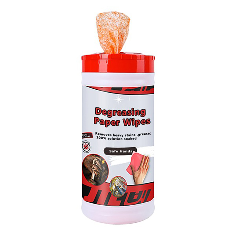 Degreasing cleaning wipes kanggo mbusak reregetan lenga saka tangan utawa meja